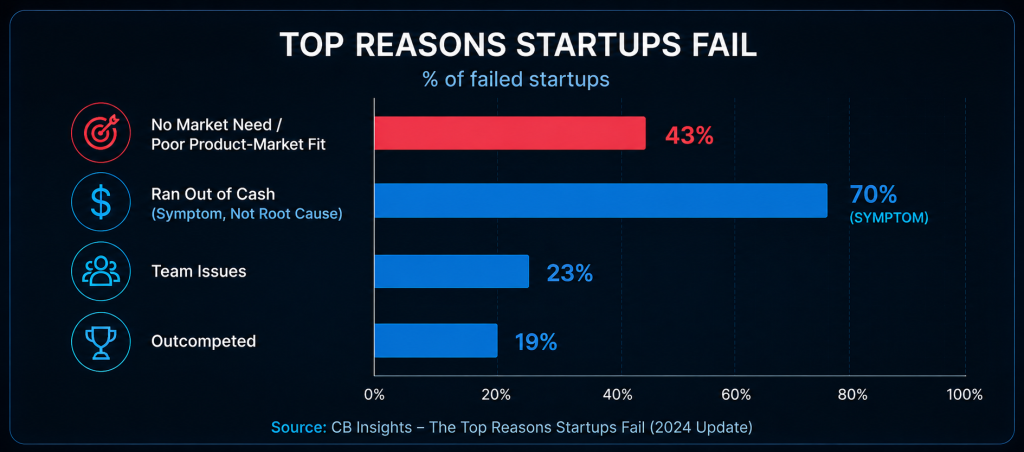 Top reasons startups fail — CB Insights: no market need / PMF 43%, ran out of cash 70% (symptom), team issues 23%, outcompeted 19%.